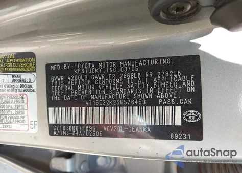 2005 Toyota Camry Le из США, поврежденный, VIN 4T1BE32K25U576453